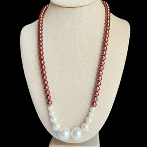 Chocolate and white glass faux pearl necklace in graduated continuous strand
